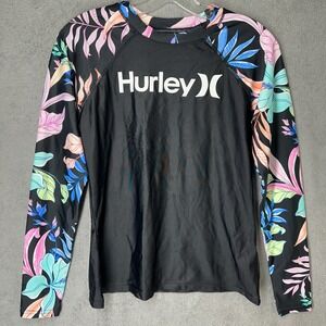 Hurley Womens Rash Guard Long Sleeve UPF 50+ Black Floral Print Size Small